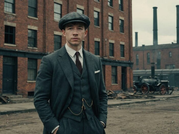 Barry Keoghan in 1920s outfit vor urbanem Hintergrund