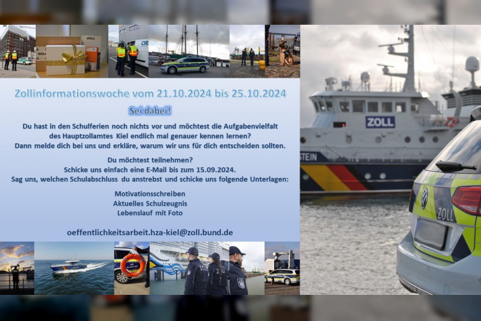 Flensburg, Schleswig, Rendsburg, Eckernförde, Kiel, Bad Segeberg, Bad Oldesloe, Eutin, Lübeck, Ratzeburg, Neumünster: Zollinformationswoche beim Hauptzollamt Kiel