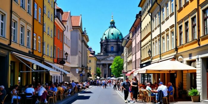 Straßenszene in Berlin mit Cafés und historischen Gebäuden