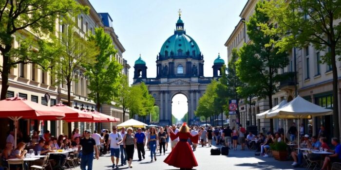 Straßenszene in Berlin mit Menschen und historischen Gebäuden