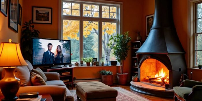 Gemütliches Wohnzimmer mit Kamin und Fernseher