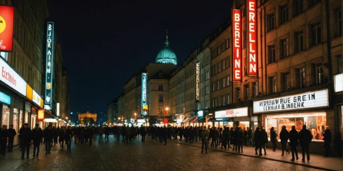 Berliner Kino bei Nacht mit Menschen