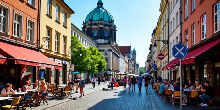 Belebte Straßenszene in Berlin mit Cafés und historischer Architektur