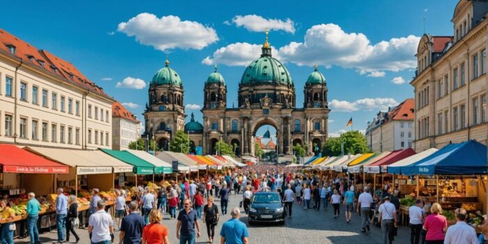 Belebte Berliner Straße mit Marktständen und Menschen