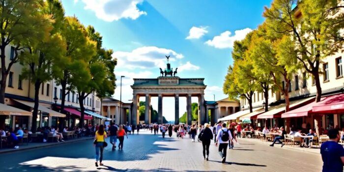 Belebte Berliner Straße mit berühmten Sehenswürdigkeiten