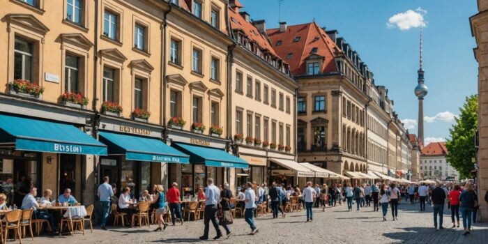 Belebte Straßenszene in Berlin mit Cafés und Menschen