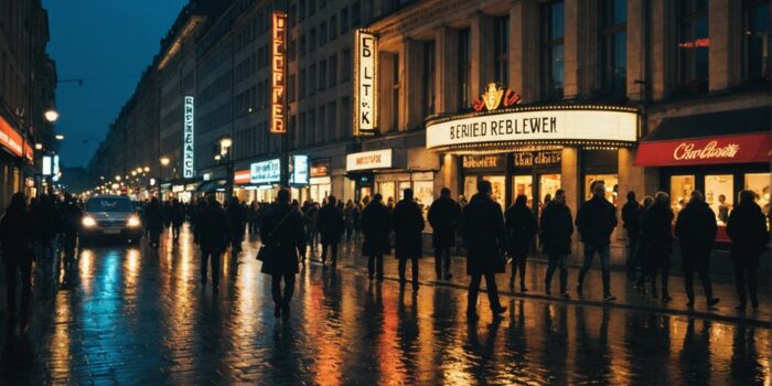 Berliner Kino bei Nacht mit Menschen