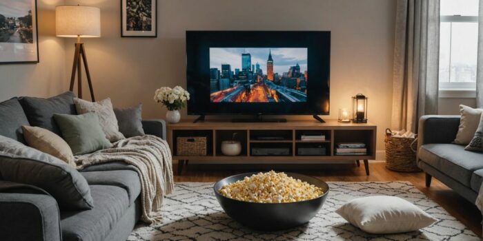 Gemütliches Wohnzimmer mit Fernseher und Popcorn