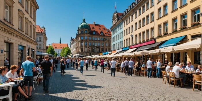 Straßenszene in Berlin mit Menschen und historischen Gebäuden