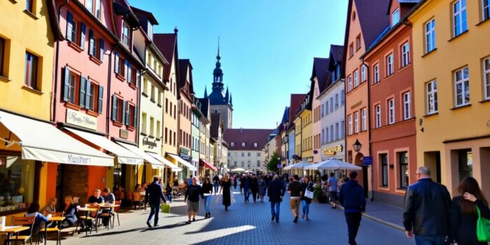 Bunte Gebäude und Menschen auf der Straße in Bamberg.