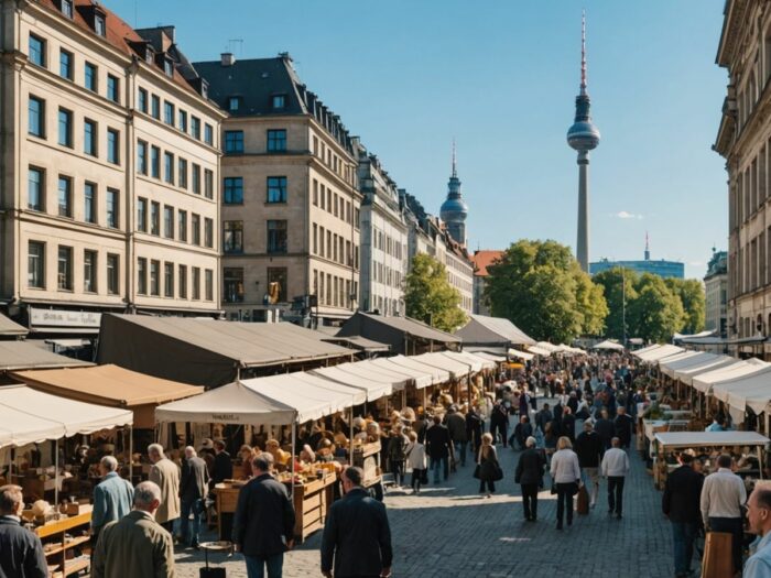 Trödelmarkt mit Fernsehturm im Hintergrund