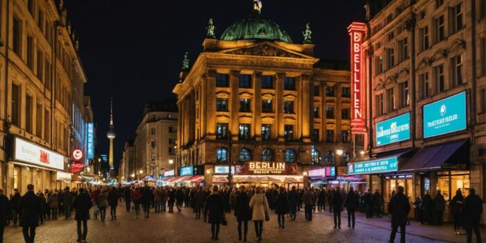 Berliner Theater bei Nacht mit Menschenmenge