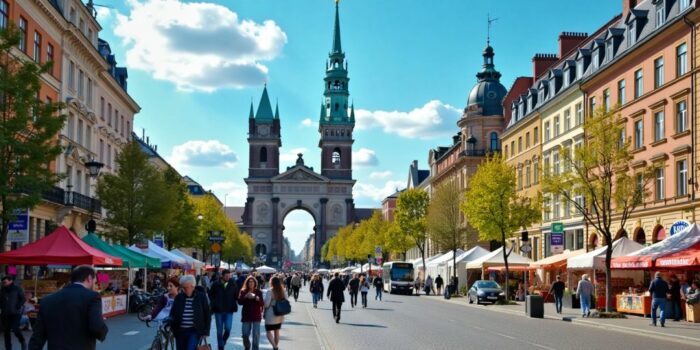 Straßenszene in Berlin mit Wahrzeichen und Märkten