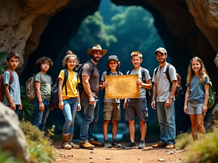 Erwachsene Goonies vor einer geheimnisvollen Höhle