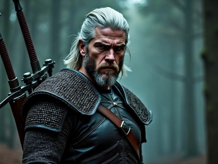 Liam Hemsworth als Geralt von Rivia im Wald.