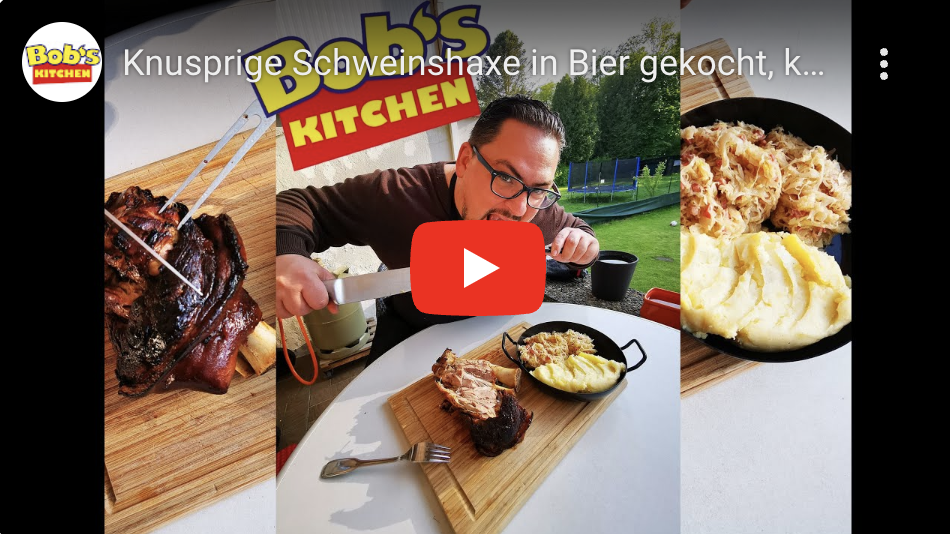 Knusprige Schweinshaxe in Bier gekocht, karamellisiert im Grill, zart, lecker Eisbein-Familienrezept