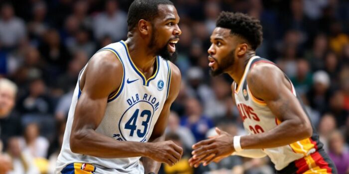 Kevin Durant und Jaylen Brown auf dem Basketballplatz.