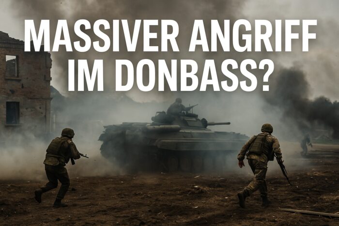 Soldaten, Panzer, Explosionen im Donbass – Textoverlay: „Massiver Angriff im Donbass?“
