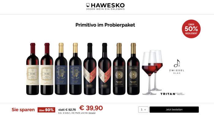 Primitivo-Paket bei Hawesko: 8 Flaschen italienischer Rotwein plus Gläser für nur 39,90 Euro