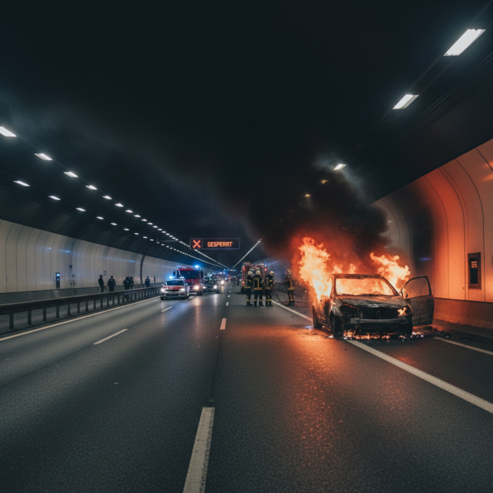 A1 in Köln voll gesperrt: Pkw brennt in Autobahntunnel