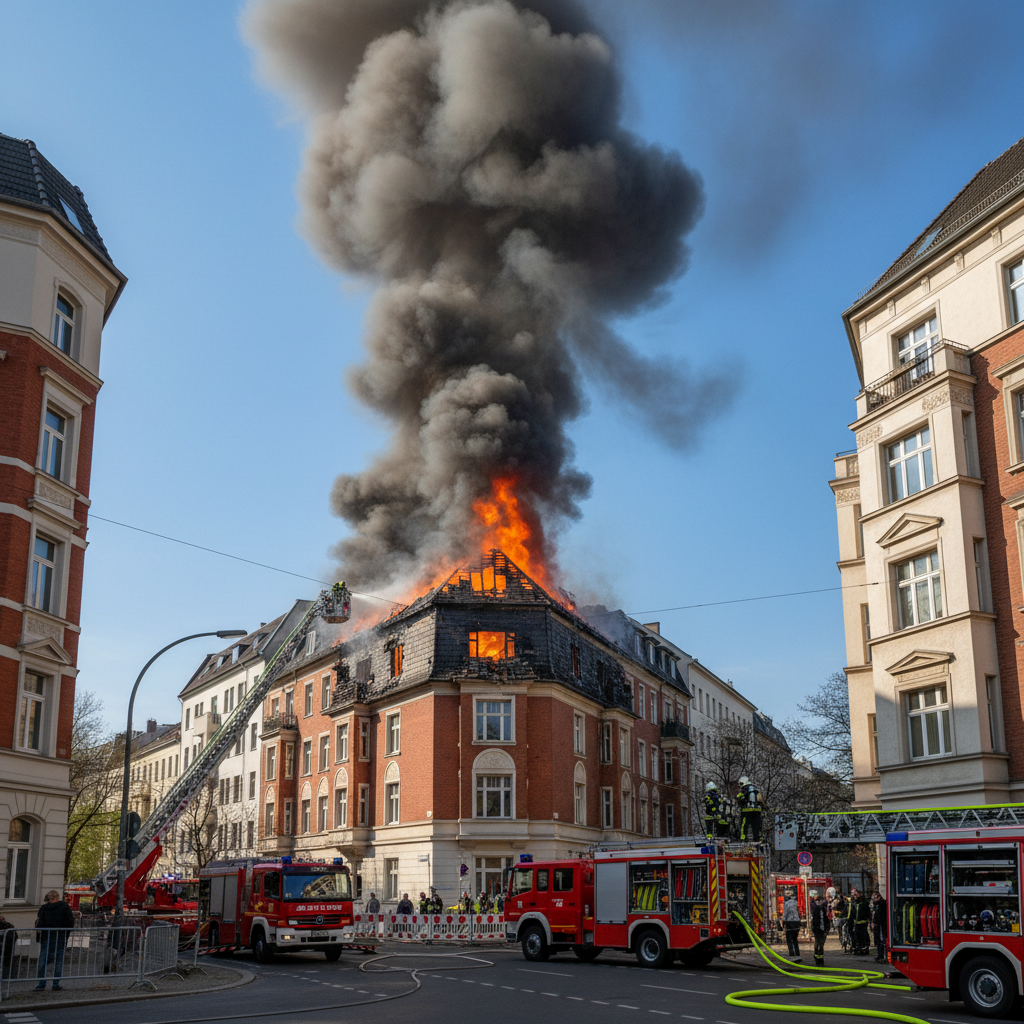 Feuerwehreinsatz in Charlottenburg: Dach eines Wohnhauses steht in Flammen