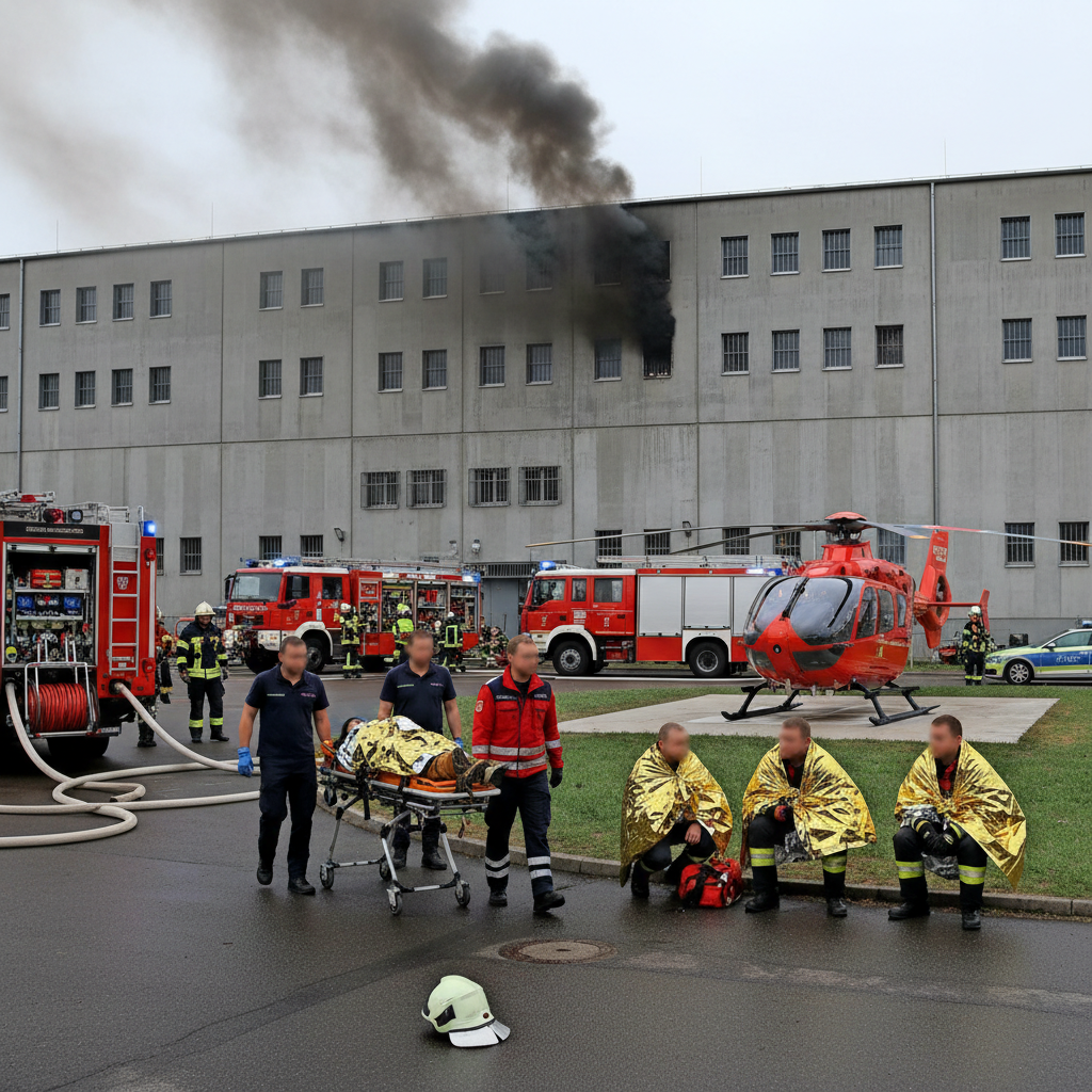 Feuer in JVA Rohrbach: Neun Personen verletzt, Hubschrauber im Einsatz